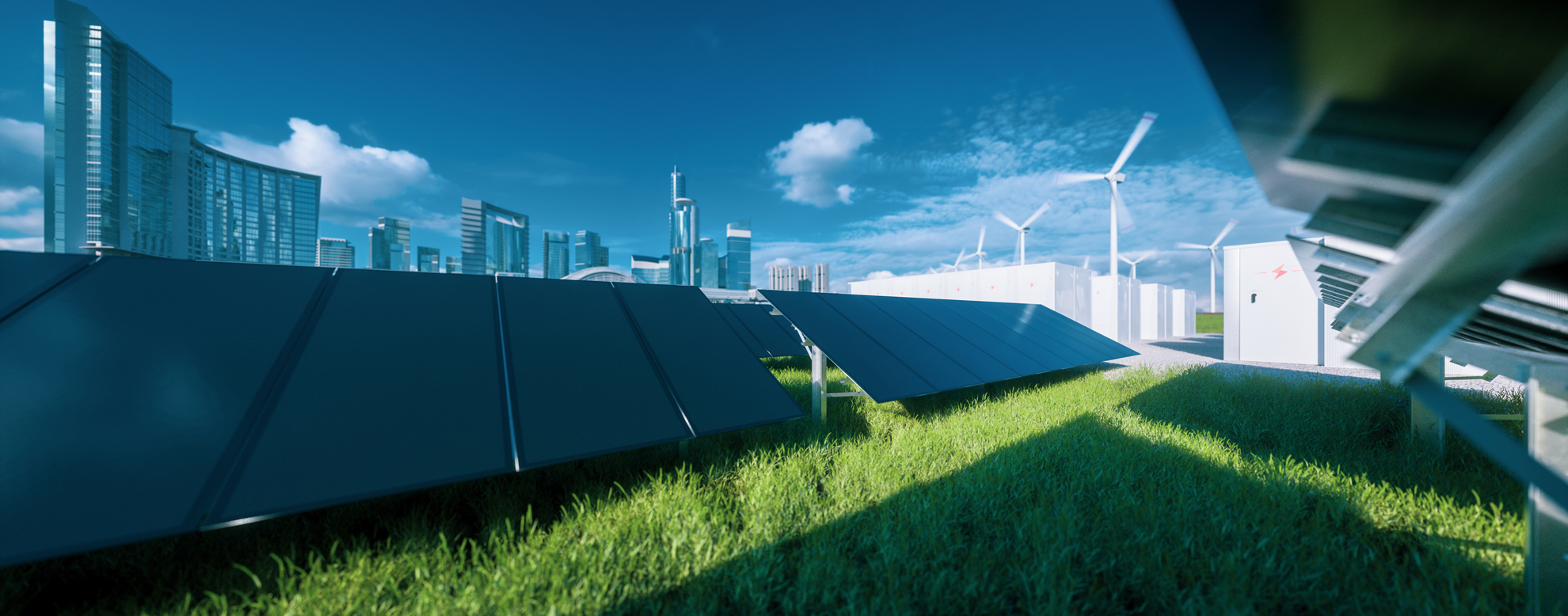 Solar arrays and wind turbines beside a modern city